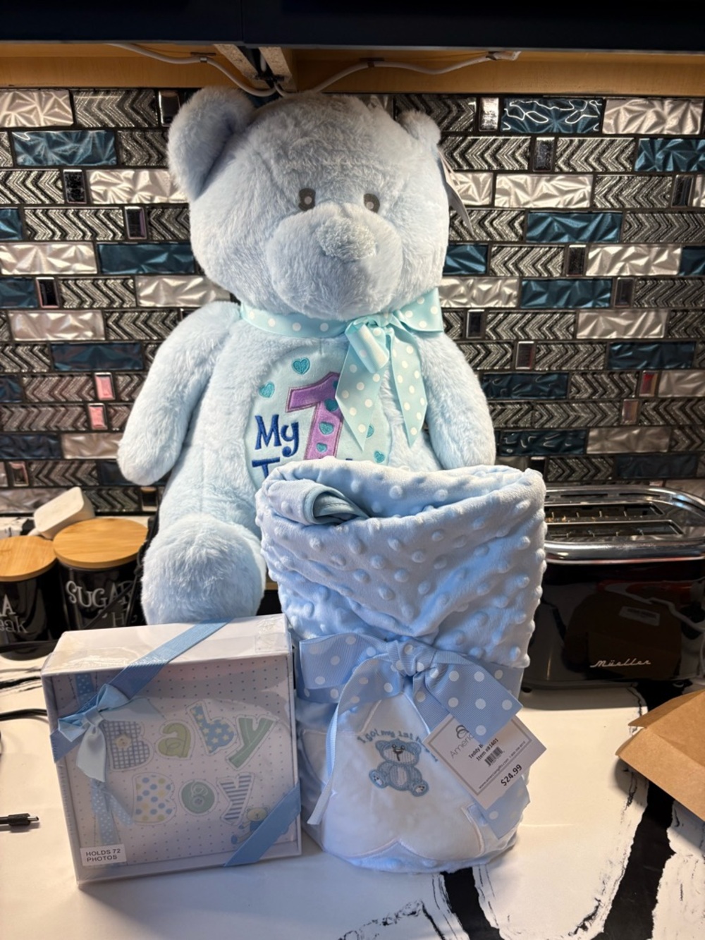 Plush Baby Blue Bear Gift Set with Polka Dot Blanket